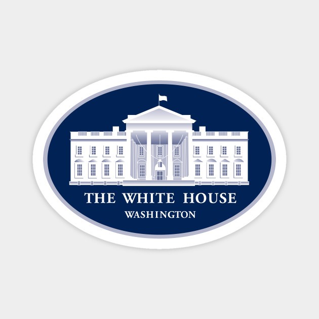 Oval sticker featuring an illustration of the white house with the text "the white house washington" below it.