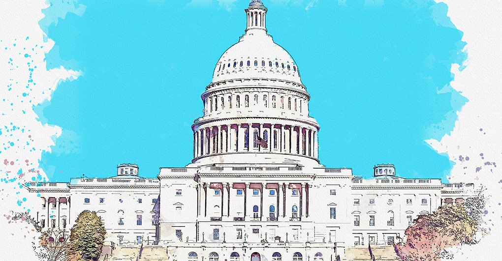 Illustrated rendition of the united states capitol building with an artistic, watercolor effect.