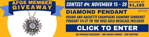 Banner for an afge member giveaway contest featuring a diamond pendant valued at $1,185, runs from november 15-28, with a call to action to click to enter.