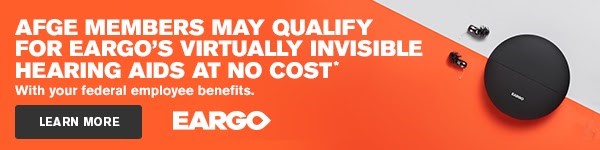 An advertisement for eargo's virtually invisible hearing aids, highlighting availability at no cost with federal employee benefits.