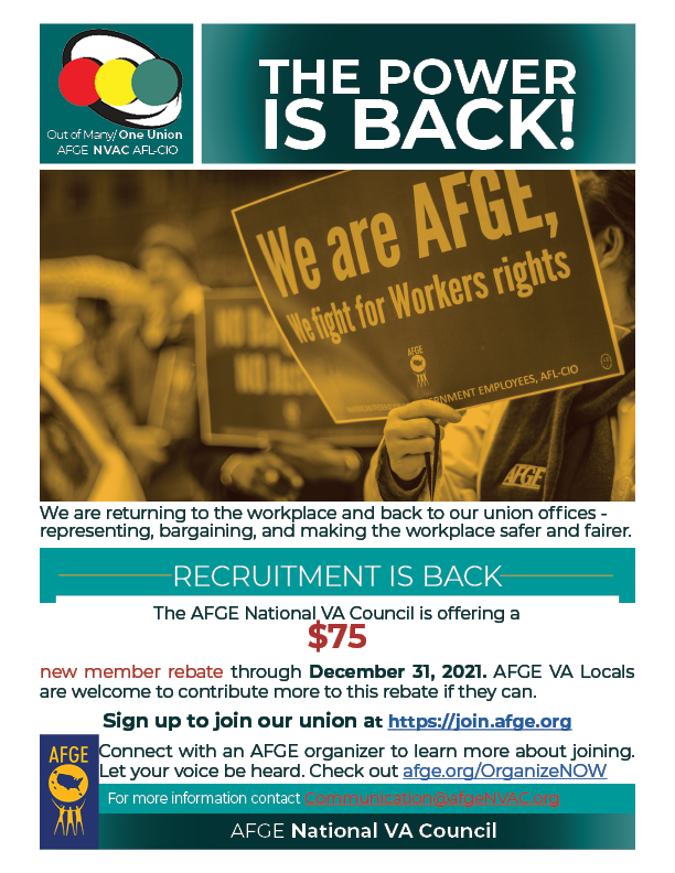 Recruitment poster for the afge national va council highlighting union benefits and encouraging workers to join for improved workplace conditions and rights.