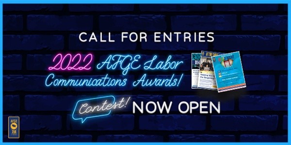 2022 afge labor communications awards—contest now open" advertisement displayed with neon signs on a brick wall background.