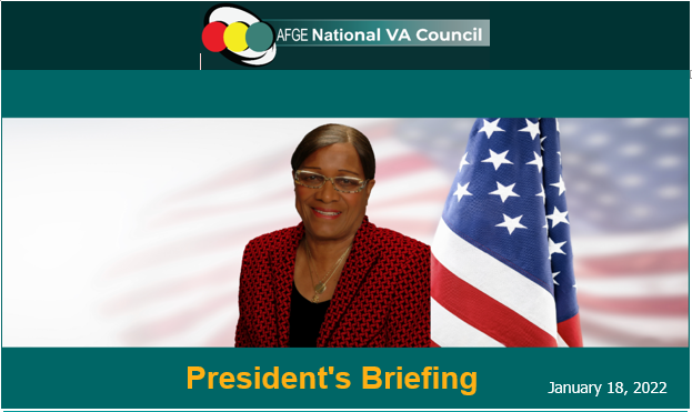 A woman at a president's briefing for the afge national va council with the date january 18, 2022 displayed.