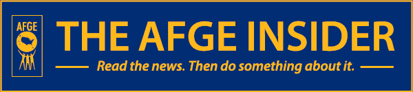 A blue and gold banner for "the afge insider" encouraging people to read the news and take action.