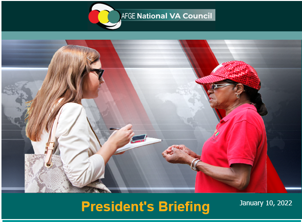 Two individuals having a discussion with one holding a tablet at an event titled "president's briefing" for afge national va council, dated january 10, 2022.