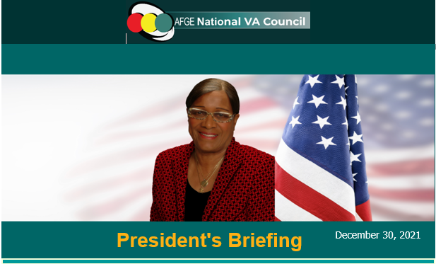 Woman presenting a briefing with the american flag in the background and the logo of afge national va council displayed.