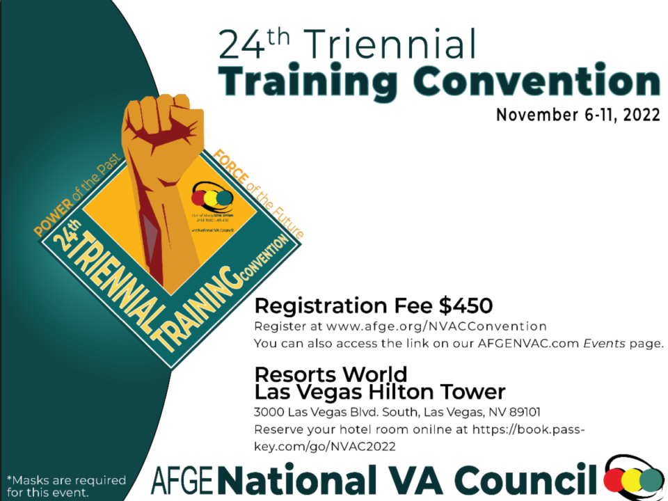 A poster for the 24th triennial training convention with focus on workers' rights, requiring masks for attendance.